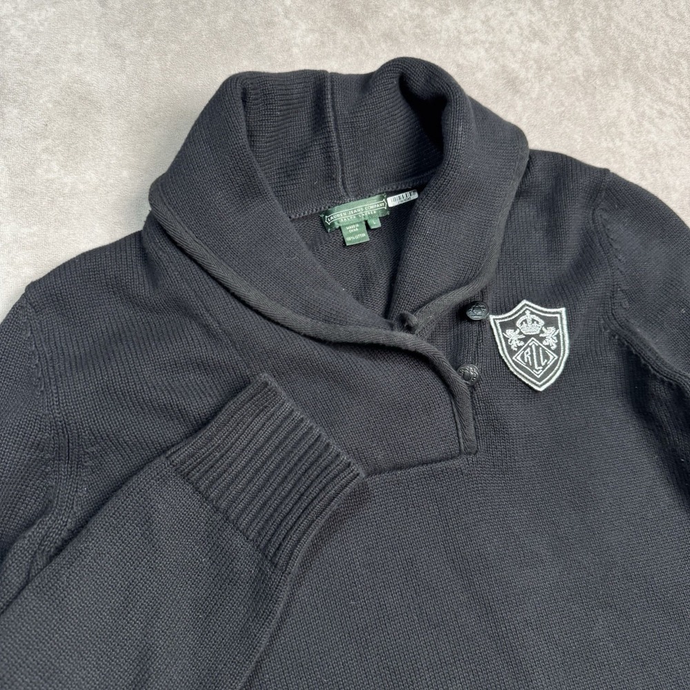 Lauren Jeans Co. Ralph Lauren Black Shawl Collar Sweater L 100% Cotton Crest